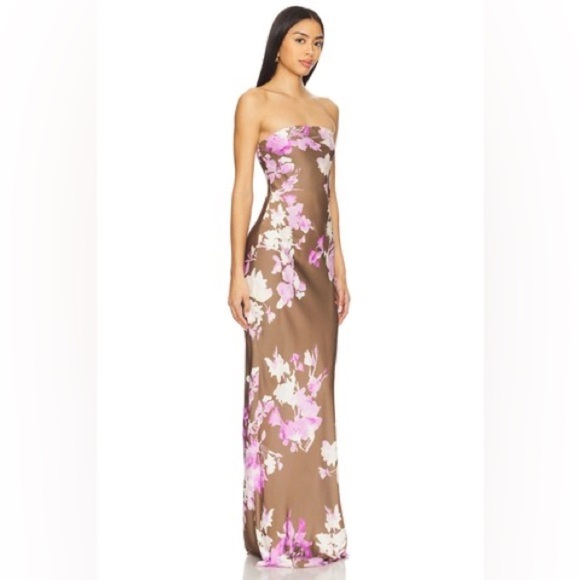 NWT Rococo Sand Stunning Satin Floral Strapless Maxi Dress Brown Pink FLAW Sz XS - Picture 16 of 16